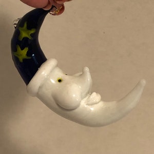 Hand Blown Glass Man in the Moon Ornament Crescent Moon Face