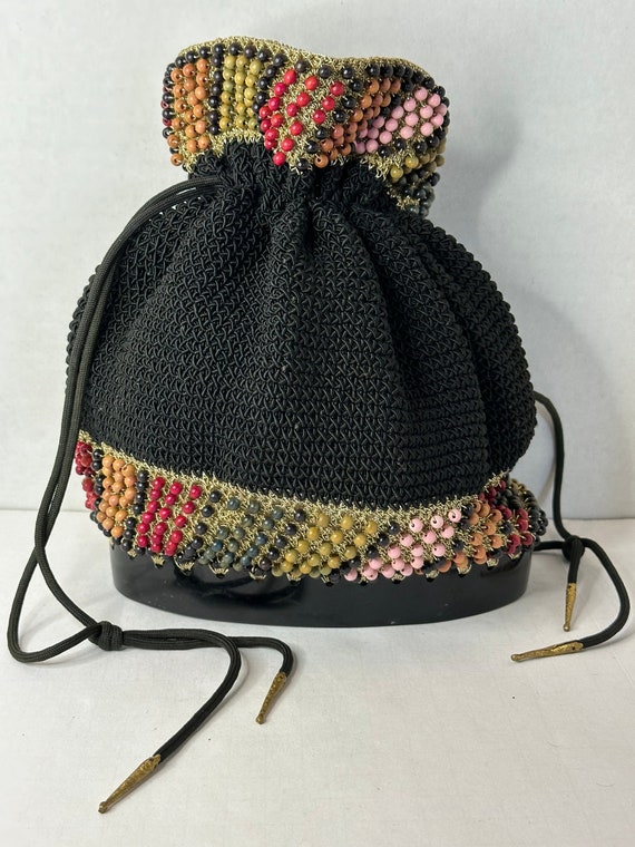 Vintage Evening Crocheted Drawstring Black Bucket… - image 1