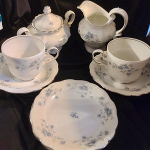 Johann Haviland China Blue Garland Pattern Cream and Covered Sugar Teacup and Saucer Dessert Plates 9 Piece Set