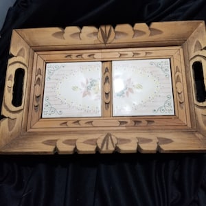 Hand Carved Mexican Wood and Tile Serving Tray