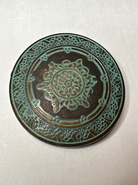 Round Copper Belt Buckle Etched Design Teal - image 1