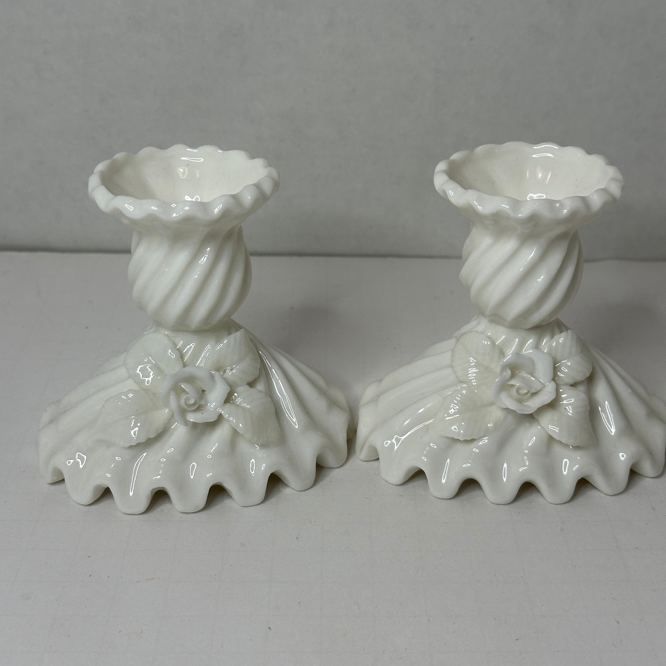 Vintage Lefton White Porcelain Candle Stickers Applied Roses Ruffle ...