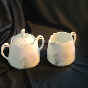 Vintage German Purple Floral Porcelain Creamer and Covered Sugar Silver Trim