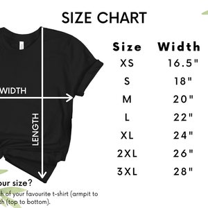 Op de afbeelding: Maattabel voor een T-shirt met afmetingen in inches. De tabel toont de breedte en lengte van het shirt in verschillende maten, van XS tot 3XL.