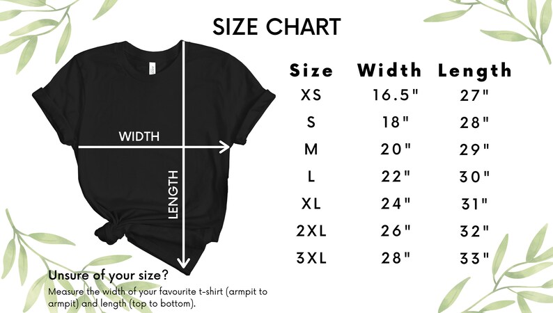 Op de afbeelding: Maattabel voor een T-shirt met afmetingen in inches. De tabel toont de breedte en lengte van het shirt in verschillende maten, van XS tot 3XL.