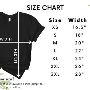 May include: Size chart for a t-shirt with measurements in inches. The chart shows the width and length of the shirt in different sizes, from XS to 3XL.