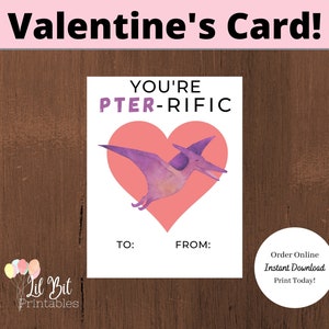 Instant Download Dinosaur Valentine Card Printable You&#39;re Pterrific