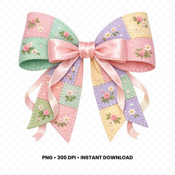 Patchwork Bow PNG – Easter & Spring Clipart, Faux Fabric Bow, Sublimation Design, Digital Download, Commercial Use