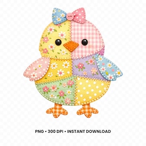 May include: A patchwork chick with a bow, featuring various floral and gingham patterns in pastel colors. The chick has black eyes, an orange beak, and orange and white checkered feet. The design is a PNG file for instant download.