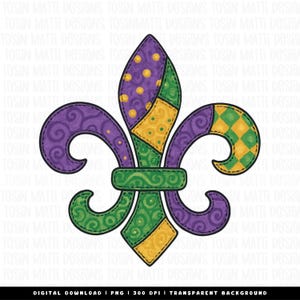 Patchwork Fleur De Lis PNG – Mardi Gras Clipart, Purple Green Gold Faux Fabric, Commercial Use, Digital Download