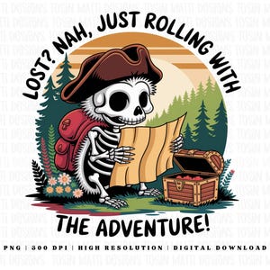 Hérisson squelette amusant PNG – Vous êtes perdu ? Non, c'est l'aventure qui roule ! Clipart pour cartes au trésor, usage commercial, téléchargement numérique