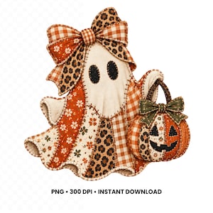 May include: A ghost illustration featuring a patchwork design of orange floral, brown leopard print, and orange gingham fabric. The ghost wears a large matching bow and carries a pumpkin bucket with a dark green bow. Text reads: PNG 300 DPI INSTANT DOWNLOAD.