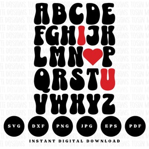 Te amo alfabeto svg, groovy retro ABC diseño, corazón de San Valentín png, uso comercial svg, archivos svg para cricut, descarga digital