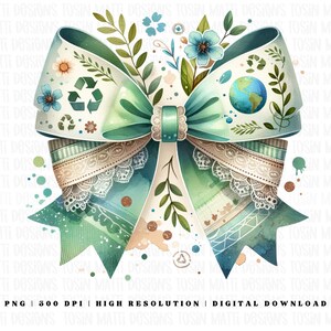 Earth Day Kokette Schleife PNG, Aquarell Umweltfreundliches Design für Kunsthandwerk, Dekor und umweltbewusste Geschenke, digitaler Download, kommerzielle Nutzung