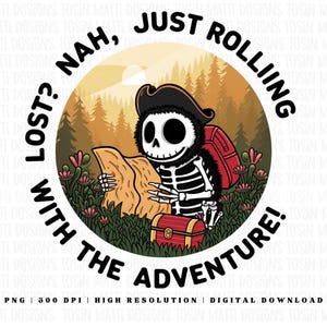 Hérisson squelette amusant PNG – Vous êtes perdu ? Non, c'est l'aventure qui roule ! Clipart pour cartes au trésor, usage commercial, téléchargement numérique