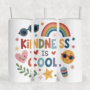 Kindness Is Cool 20 oz Skinny Tumbler Wrap, buntes positives Zitat Sublimation, Regenbogen & Smiley PNG, kommerzielle Nutzung, digitaler Download