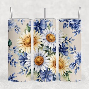 Blue Coquette Zonnebloemen Tumbler Wrap – Grandmillennial 20oz skinny PNG, glitterstrik en bloemensublimatie, commercieel gebruik, digitale download