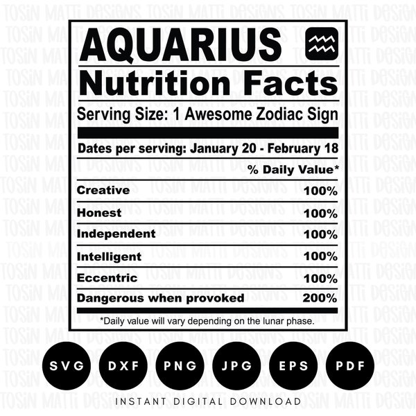 Aquarius Nutrition Facts Svg, Zodiac Sign, Horoscope Svg, Astrology Svg, Birthday Svg, Commercial Use, Svg File for Cricut, Digital Download