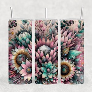 Envoltura para vaso delgado de 20 oz con diseño floral de planta de protea, PNG, diseño de sublimación para amantes de las plantas, flor de cactus natural, uso comercial, descarga digital
