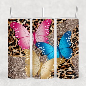 Glitter Butterflies 20oz Skinny Tumbler Wrap PNG, buntes, funkelndes Design für DIY & Geschenke, von der Natur inspirierte, kommerzielle Nutzung, digitaler Download