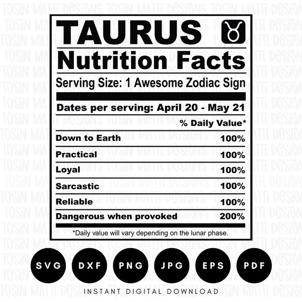 Taurus Nutrition Facts Svg, Zodiac Sign, Horoscope Svg, Astrology Svg, Birthday Svg, Commercial Use, Svg Files for Cricut, Digital Download