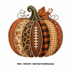 May include: A decorative pumpkin illustration featuring various fabric-like patterns including floral, leopard print, football texture with laces, black and orange buffalo plaid, and gingham. It has a green stem, a brown leaf, and vines. Text reads: PNG 300 DPI INSTANT DOWNLOAD.
