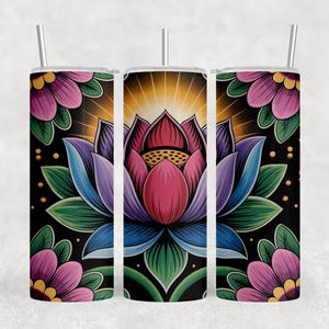 Tumbler Wrap a forma di fiore di loto, design floreale spirituale a sublimazione per bicchieri sottili da 20 once, dritto e affusolato, uso commerciale, download digitale