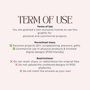 May include: A digital graphic with the text "TERM OF USE" in a stylized font. The graphic outlines permitted uses, including personal and commercial projects, and restrictions, such as not reselling or claiming the artwork.