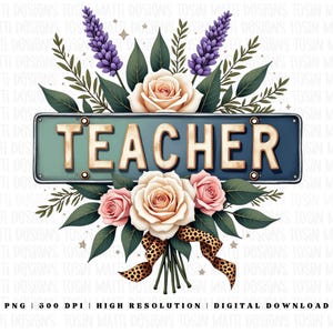Design de sublimação floral para placa de carro de professor, flores em tons pastel retrô, PNG de 300 DPI, fundo transparente, uso comercial, download digital