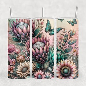 Envoltura para vaso delgado de 20 oz con diseño floral de planta de protea, PNG, diseño de sublimación para amantes de las plantas, flor de cactus natural, uso comercial, descarga digital