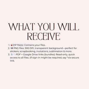 May include: A light pink background with the text "WHAT YOU WILL RECEIVE" in a stylish font. Below, numbered lists detail file types: ZIP, PNG files (300 DPI), and PDF with Google Drive links, suitable for various creative projects.