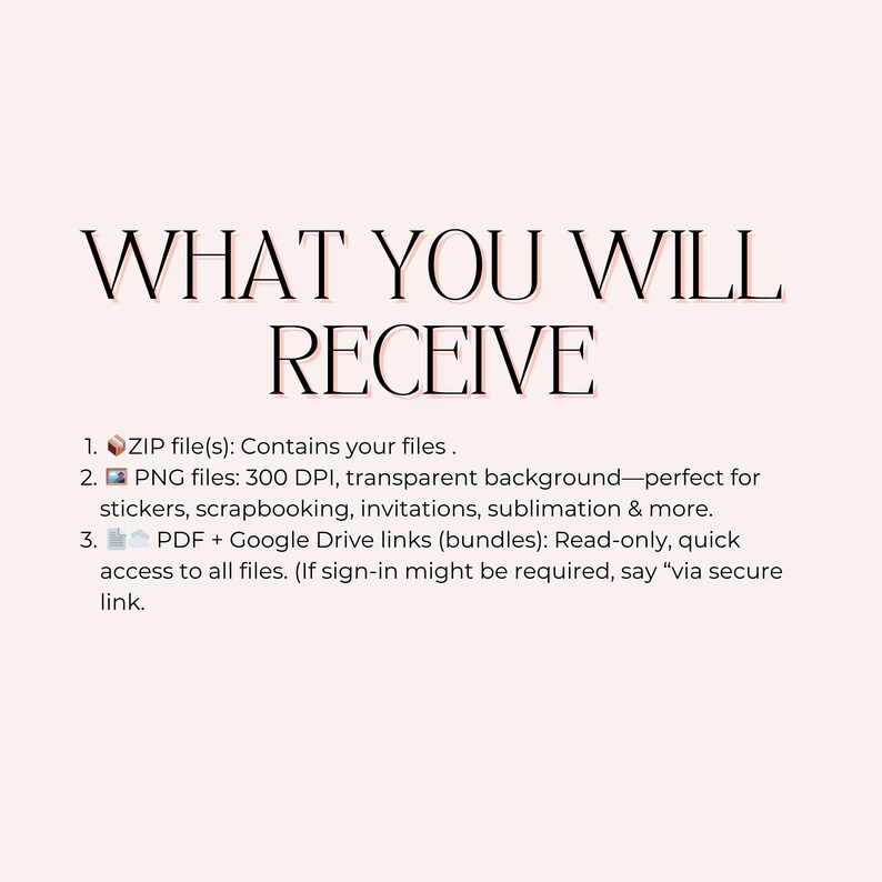 May include: A light pink background with the text "WHAT YOU WILL RECEIVE" in a stylish font. Below, numbered lists detail file types: ZIP, PNG files (300 DPI), and PDF with Google Drive links, suitable for various creative projects.
