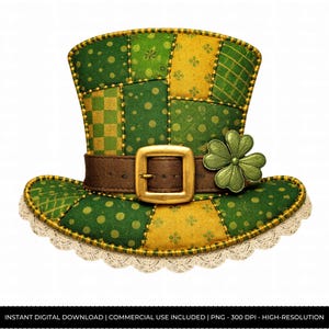 Könnte beinhalten: Ein grüner und gelber Patchwork-Zylinder mit braunem Gürtel und goldener Schnalle. Ein grünes Kleeblatt ist vorne angebracht. Der Hut hat eine weiße Spitzentrimmung am Rand. Der Hut ist ein digitaler Download.
