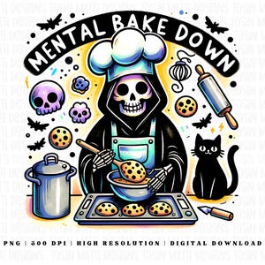 Club social Mental Bake Down PNG: diseño de esqueleto de repostería kawaii para sublimación, camiseta de chef brujo, uso comercial, descarga digital
