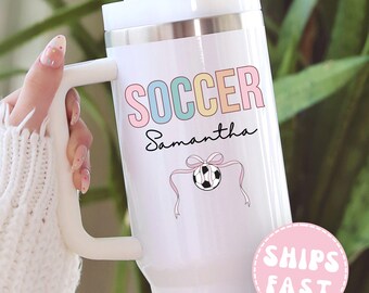 Personalized Soccer Tumbler for Girls,Custom Name Soccer Mug,Coquette Sports Gift for Her,Custom Soccer 40 oz Cup with Handle