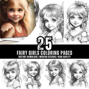 25 Cute Fairy Girls Coloring Book - Coloring Pages for Kids & Adults - Fun, Relaxing and Stress Relief Art Creativity - Digital Download