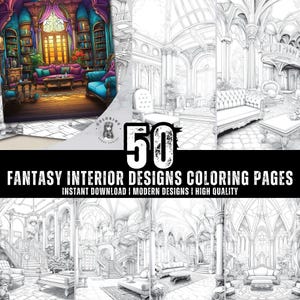 50 Fantasy Interior Designed Coloring Pages for Kids & Adults  Fun and Relaxing PDF Coloring Book Designs for Creativity Instant Download