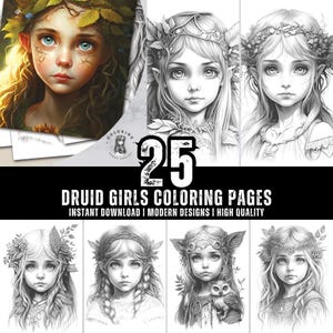 25 Druid Girls Coloring Book - Coloring Pages for Kids & Adults - Fun, Relaxing and Stress Relief Art Creativity - Digital Download