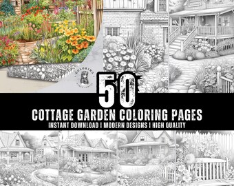 Cottage Garden Coloring Pages - Adult, Teens And Kids Coloring Book, Fantasy Coloring Sheets, Instant Download, Printable PDF