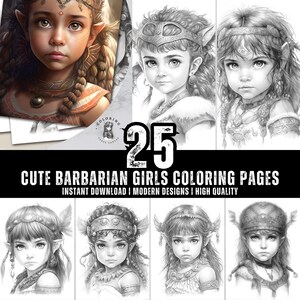 25 Cute Barbarian Girls Coloring Book - Coloring Pages for Kids & Adults - Fun, Relaxing and Stress Relief Art Creativity - Digital Download