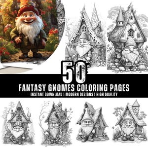 50 Gnomes Coloring Pages for Kids & Adults  Fun and Relaxing Printable Coloring PDF Book Designs for Creativity Instant Download Coloring