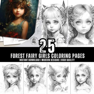 25 Forest Fairy Girls Coloring Book - Coloring Pages for Kids & Adults - Fun, Relaxing and Stress Relief Art Creativity - Digital Download