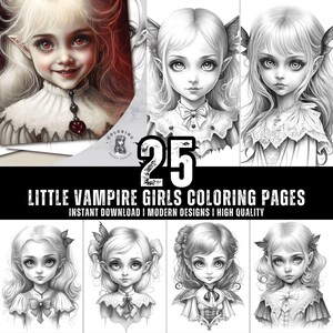 25 Little Vampire Girls Coloring Book - Coloring Pages for Kids & Adults - Fun, Relaxing and Stress Relief Art Creativity - Digital Download