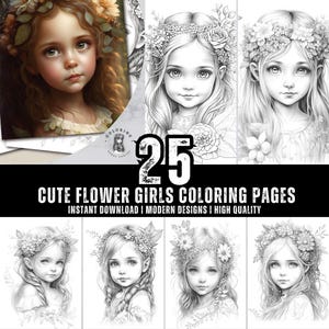 25 Cute Flower Girls Coloring Book - Coloring Pages for Kids & Adults - Fun, Relaxing and Stress Relief Art Creativity - Digital Download