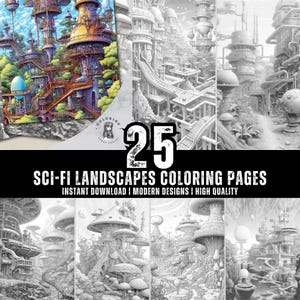 25 Futuristic Landscapes Coloring Pages for Kids & Adults  Fun and Relaxing PDF Coloring Book Designed for Creativity Instant Download