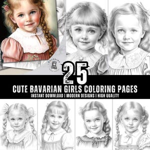 25 Cute Bavarian Girls Coloring Book - Coloring Pages for Kids & Adults - Fun, Relaxing and Stress Relief Art Creativity - Digital Download