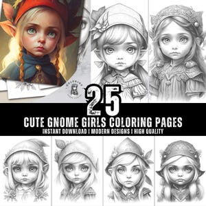 25 Cute Gnome Girls Coloring Book - Coloring Pages for Kids & Adults - Fun, Relaxing and Stress Relief Art Creativity - Digital Download