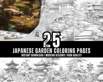 Japanese Garden Coloring Pages - Adult, Teens And Kids Coloring Book, Fantasy Coloring Sheets, Instant Download, Printable PDF