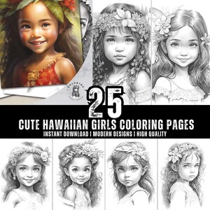 25 Cute Hawaiian Girls Coloring Book - Coloring Pages for Kids & Adults - Fun, Relaxing and Stress Relief Art Creativity - Digital Download