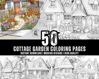 Cottage Garden Coloring Pages - Adult, Teens And Kids Coloring Book, Fantasy Coloring Sheets, Instant Download, Printable PDF